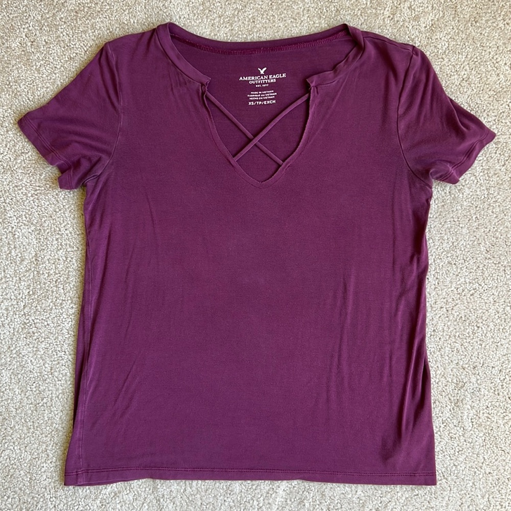 American Eagle Maroon Criss-Cross Front T-Shirt